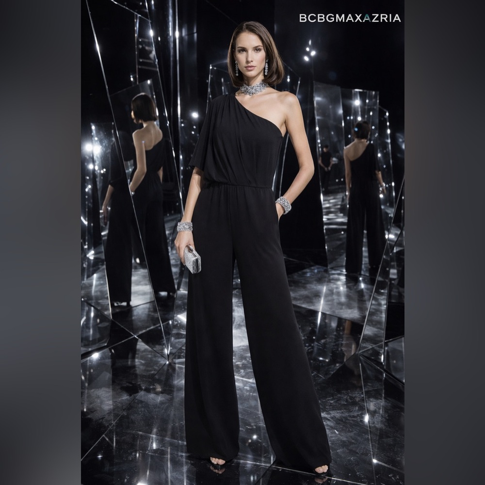 BCBGMAXAZRIA Black Chiffon Leo One-Shoulder Jumpsuit – Size 0 (NWOT)